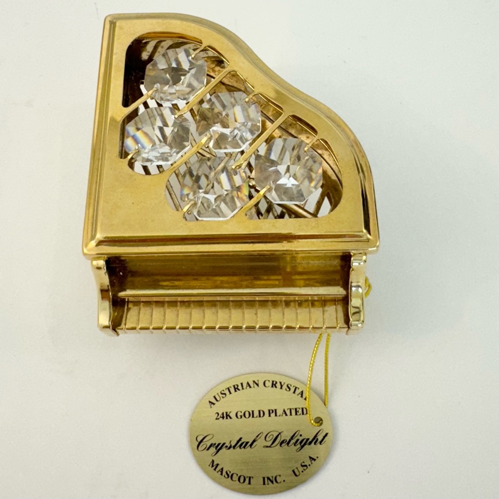 Vintage Crystal Delight Studded Grand Piano Figurine Gold Plated Mascot USA